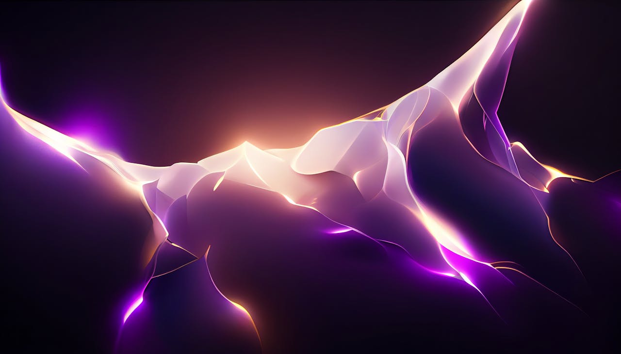 Dynamic abstract artwork with vibrant purple and orange light waves creating a futuristic and fluid design.